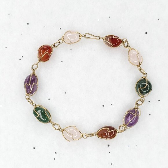 Vintage Wire Wrapped Bracelet Semi Precious Gemstones Quartz Agate Amethyst - Picture 3 of 4